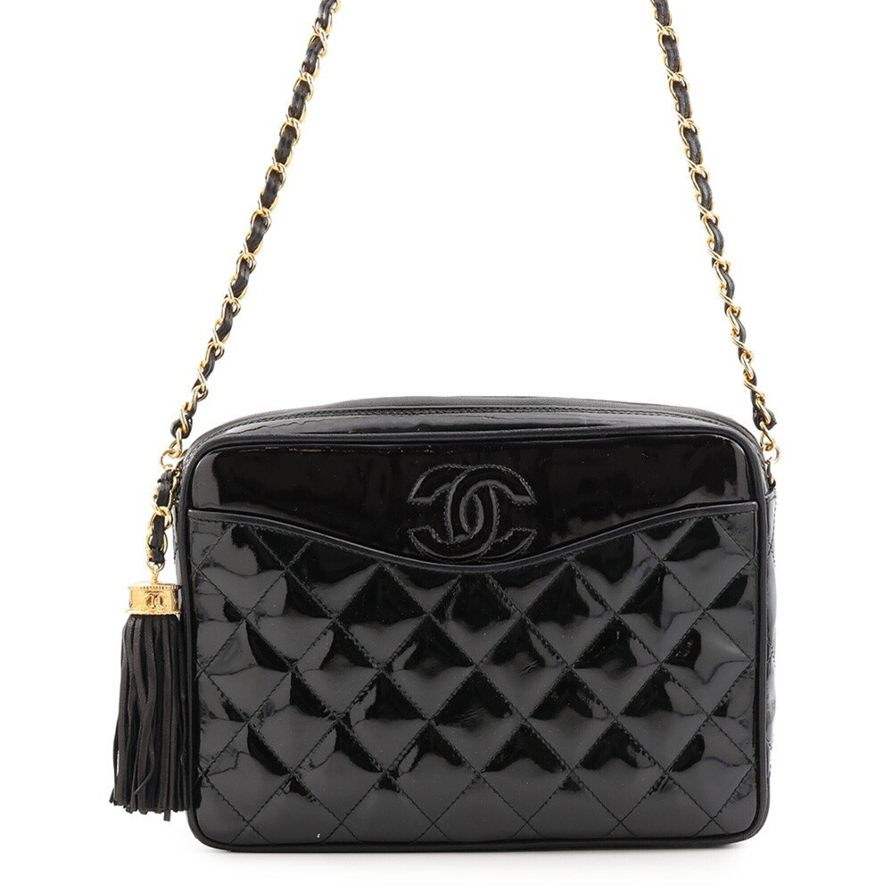 Chanel Chain Shoulder Bag, Matelassé, Coco Mark, Patent Leather, Black, Handb...